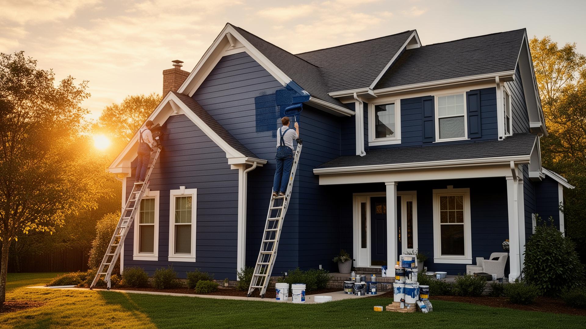 Posadas & Sons painters working on a navy blue home exterior at golden hour